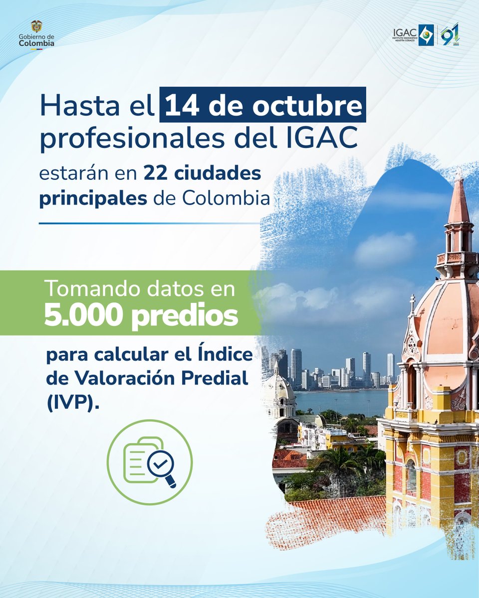 igacColombia's tweet photo. 🗓️Hasta el 14 de octubre, realizaremos una recolección de información para conocer y evaluar los cambios en el valor de predios urbanos.

Este proceso se llevará a cabo en 22 ciudades principales del país.🇨🇴

📰Te contamos más de esta labor y los lugares que visitaremos en: https://t.co/wmjOz005cv