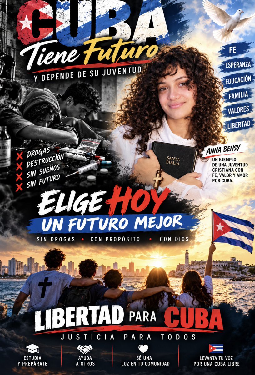 Meylin_62's tweet photo. Jóvenes como Anna Bensy, con su fe cristiana y sus convicciones, pueden representar el mensaje de una generación que quiere salir adelante sin perder sus principios. Sin drogas. Con propósito. Con fe. Con esperanza. 🇨🇺🙏 
#CubaEligeFeNoDrogas https://t.co/GDQcm7oVSn