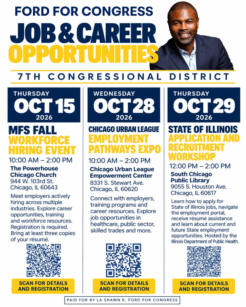 ford4congress's tweet photo. I know these are difficult times for many families. I hear from people looking for work and others trying to make each paycheck stretch further as everyday costs add up.

I see what people are going through, and I hear your concerns.

Here are 3 upcoming Chicago-area job and career opportunities:

- Oct. 15: MFS Fall Workforce Hiring Event

- Oct. 28: Chicago Urban League Employment Pathways Expo

- Oct. 29: State of Illinois Application & Recruitment Workshop

Please share with someone looking for an opportunity.

#ChicagoJobs #NowHiring #IL07