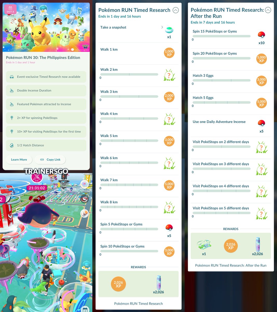 trainersgo2022's tweet photo. 🎉 Ya inicio el evento local del Pokémon RUN 2026 en SM Mall of Asia en Filipinas en Pokémon GO.

 🕓 Fecha: Sabado 3 y domingo 4 de octubre de 2026
📍 Lugar: 14.53579,120.98038

▶️ Encuentros en estado salvaje:
🔹 Pikachu ✨
🔹 Los Pokémon iniciales de Kanto, Johto, Hoenn, Sinnoh, Unova, Kalos, Alola, Galar y Paldea.

▶️ El Incienso (excepto el Incienso de Aventura Diaria) podrá atraer a:
🔹 Unown N✨, Unown R✨ y Unown U✨
🔹 Pikachu✨
🔹 Los Pokémon iniciales de Kanto, Johto, Hoenn, Sinnoh, Unova, Kalos, Alola, Galar y Paldea.

▶️ Bonus:
🔹 El Incienso durará el doble de tiempo.
🔹 10 veces más PX por girar Poképaradas nuevas.
🔹 Doble de PX por girar Poképaradas.
🔹 Mitad de distancia para eclosionar Huevos.

▶️ Investigación temporal de Pokémon RUN que otorgará:
🔹 16,026 PX
🔹 2,026 Polvos Estelares
🔹 Un encuentro con Pikachu y un Pokémon inicial aleatorio

▶️ Investigación temporal "Pokémon RUN: Después de la carrera" otorgará:
🔹 15,026 PX
🔹 2,026 Polvos Estelares
🔹 1 Pase de Combate Premium
🔹 Un encuentro con Pikachu y un Pokémon inicial aleatorio

⚠️ No hay fondo especial para este evento y es totalmente gratis

#PokemonGO #PokemonGOApp