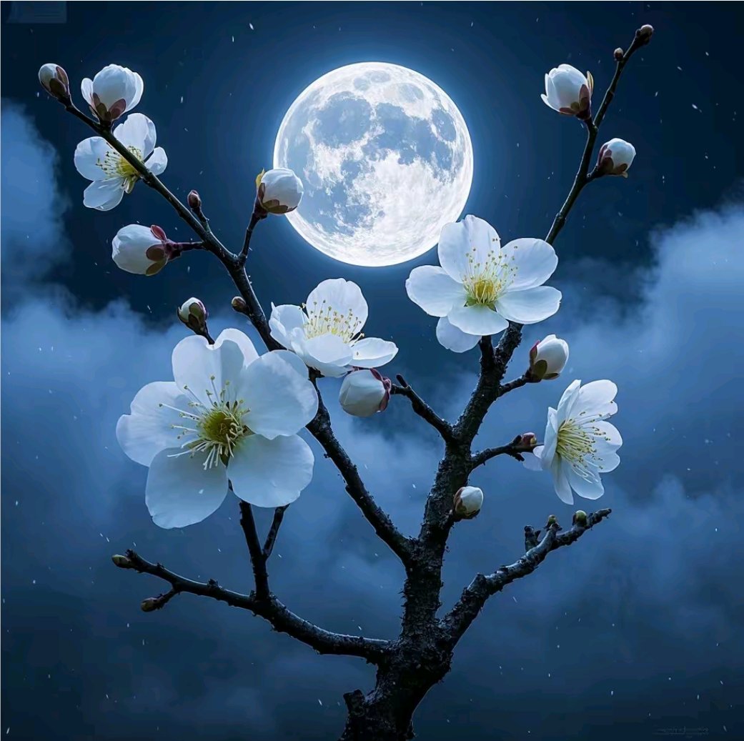 LTenko76's tweet photo. [Angdang Plum in Bloom, sweet scent fills the air under the moonlight, a tranquil yet vivid scene of nature’s charm.]， https://t.co/lDo7GAzR1P