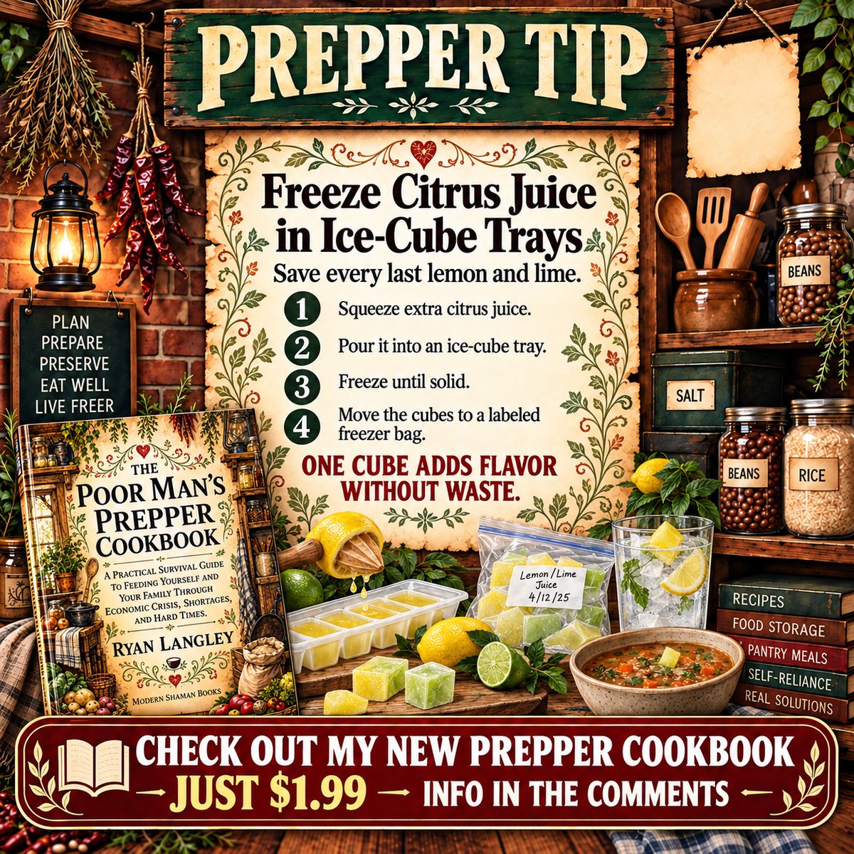 ModernShamanX's tweet photo. #PrepperTip ๐ Freeze citrus juice in ice-cube trays ๐ง Drop a cube in water, tea, or recipes ๐ No wasted lemons ๐
My 181 page prepper cookbook is just $1.99 ๐
https://t.co/zRXCeib5Tj
https://t.co/wNg5qNsjtI
#Prepper #Homestead https://t.co/Uo3i2e2lcQ