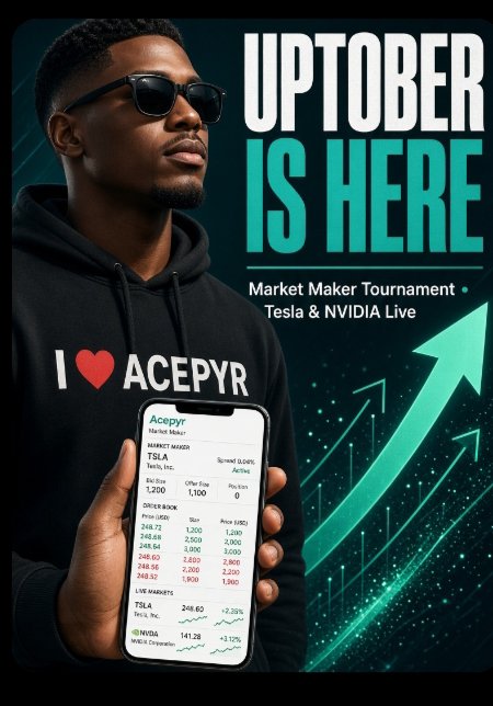 MajorPiyo's tweet photo. UPTOBER is here &amp; running 🔥
Market maker tournament loading on @acepyr.
Tesla &amp; NVIDIA already listed.
Live books waiting for real liquidity.

Don’t just click Up or Down.
Post the price. Sit on both sides. Earn. https://t.co/vuXTmJlFGK