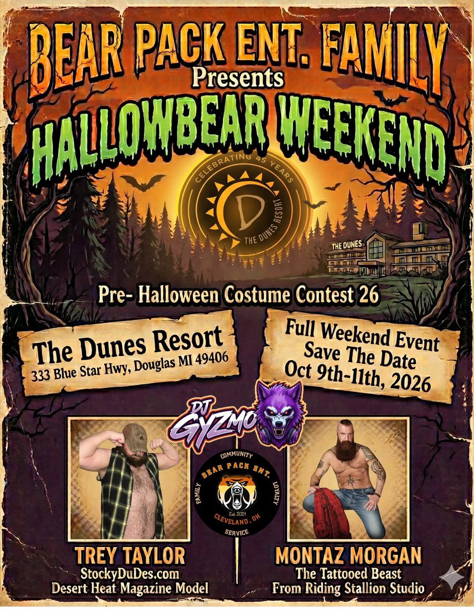 techguy9's tweet photo. 🎃🐻 Only 15 rooms left! HallowBear takes over The Dunes Resort, Saugatuck, MI Oct 9–11!

🎧 DJ Gyzmo all weekend
👻 Fri: Costume contest
👑 Sat: Divas and King show
🔥 Go-go dancers both nights + special guest Montaz Morgan!
Book now! #HallowBear https://t.co/oFeVYCl0mF