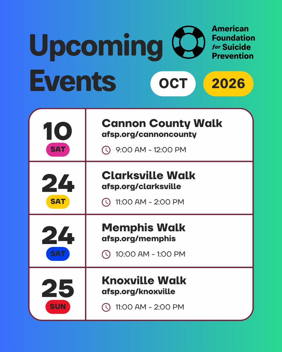 AFSPTN's tweet photo. Suicide Prevention Month may be over, but our work is not. We have four Out of the Darkness Walks in October. If you haven't registered to walk with us, there's still time. Follow the URL for the walk closest to you to be part of the movement to #stopsuicide in Tennessee. https://t.co/BXWZp31CGa