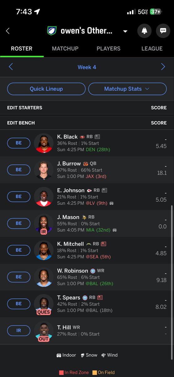ohimschoot's tweet photo. @drayknowball Drop anyone here to stash bengals? It’s a 14-man btw so it’s very slim pickings. Feel like tyreek would be the right choice but w all the injuries Wandale is my only bench WR 🤣 https://t.co/07VbbCwxFs