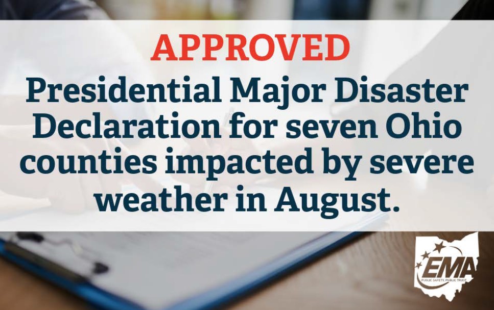 Ohio_EMA's tweet photo. President Trump approved a Presidential Major Disaster Declaration for Clermont, Franklin, Hamilton, Licking, Morgan, Muskingum &amp; Perry counties. Residents with losses in the approved counties can apply for assistance at https://t.co/ZFhuxB5D8I or calling 800-621-FEMA (3362). https://t.co/iDnl23gjzo