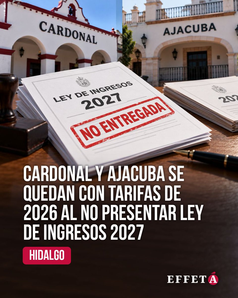 effetainfo's tweet photo. 💰 Cardonal y Ajacuba fueron los únicos municipios de Hidalgo que no presentaron su Ley de Ingresos 2027. Al no obtener la aprobación de sus cabildos, mantendrán para el próximo año las tarifas y cobros vigentes en 2026.
👇🏼 Lee más:
https://t.co/0QljBOqmUm
#Cardonal #Ajacuba #LeyDeIngresos #CongresoHidalgo #Hidalgo