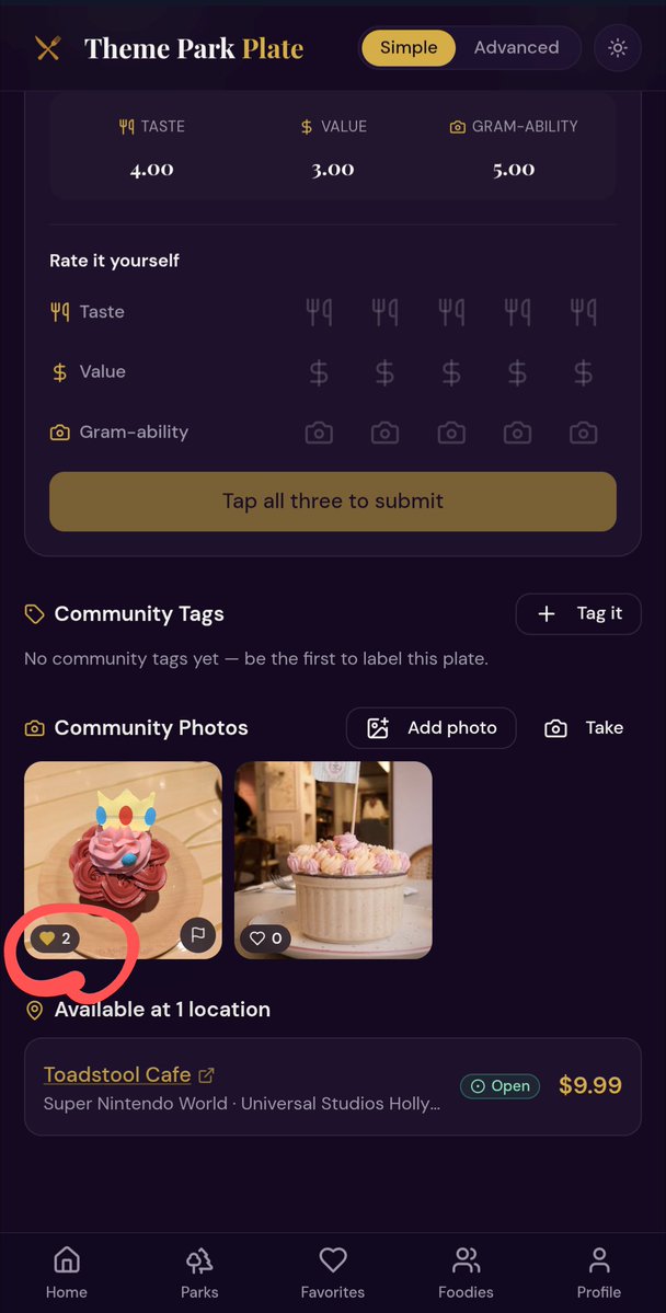 ThemeParkPlate's tweet photo. You aren't just ranking park food on Theme Park Plate. You decide which photos represent each dish best. Tap the heart on community shots like the Princess Peach Cupcake at Toadstool Cafe to help the best angles rise and unlock badges from Photo Supporter to Gallery Guardian. https://t.co/HL9eKlCQgM