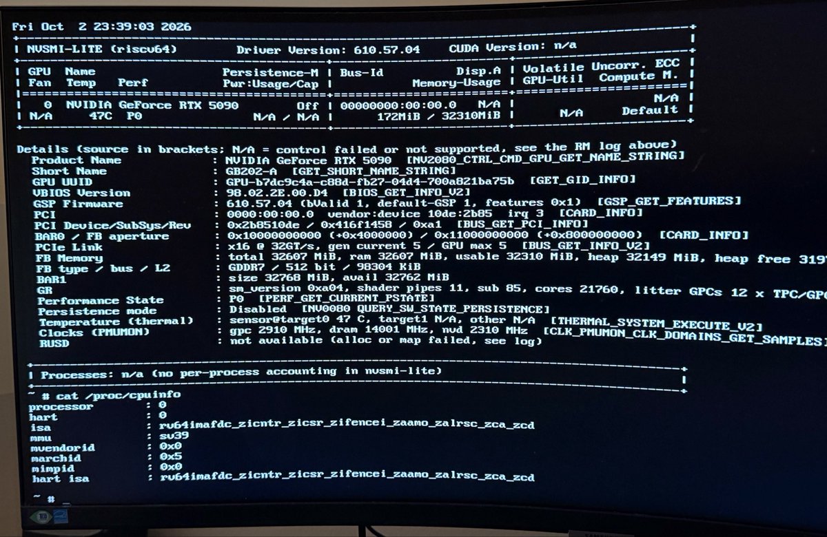 commandpaul's tweet photo. Cooking w/ Claude: a Shakti RISC-V soft core on an AMD Alveo U200 FPGA runs Linux + NVIDIA's open driver, drives an RTX 5090's display and runs nvcc-built CUDA kernels via a C port of tinygrad's NV backend. The Intel host relays GPU access (no FPGA-GPU P2P on the 265KF). https://t.co/DR5fBsHrQp