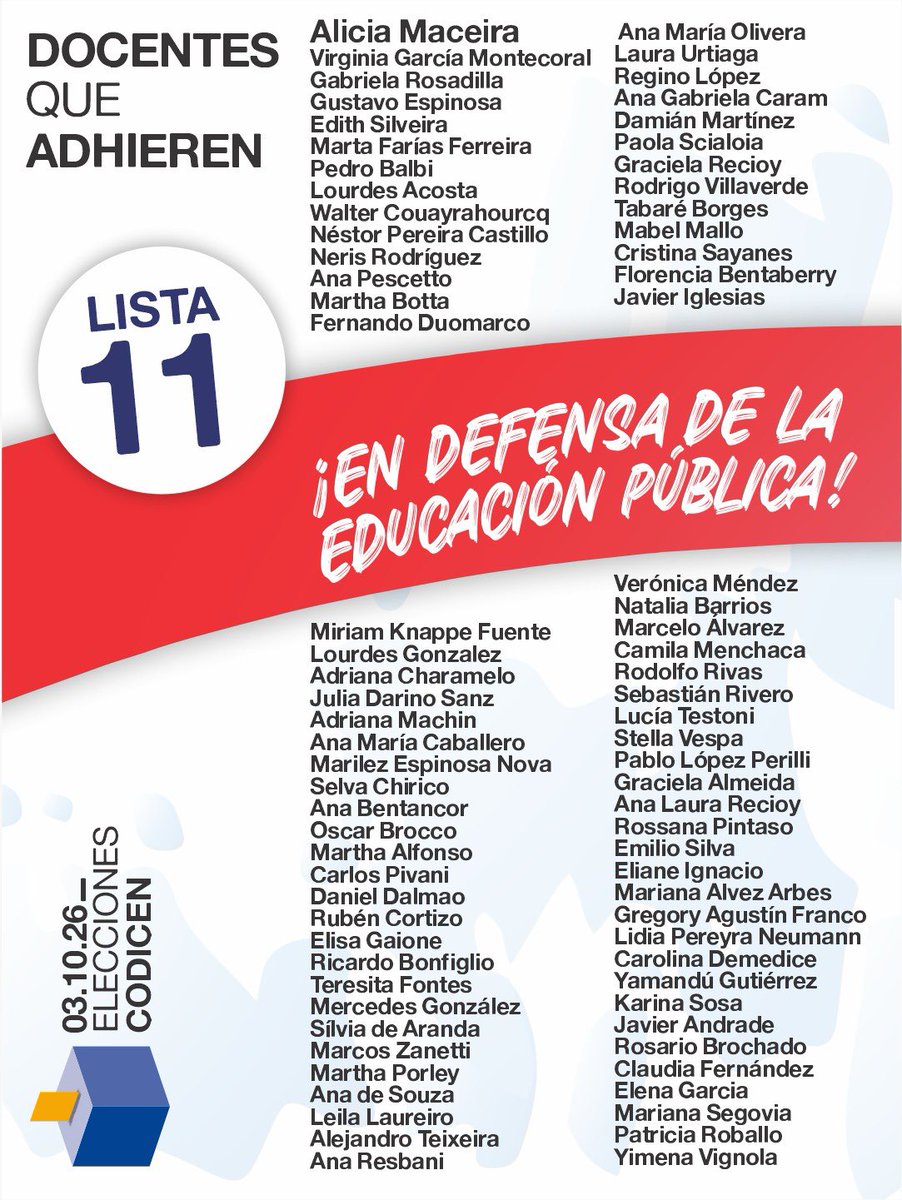 FenapesUruguay's tweet photo. 🗳️ 03.10.26 - Elección CODICEN
📢 Docentes que adhieren a la LISTA 11.
✊ Acompañá la LISTA 11. Colegas de todo el país en defensa de la educación pública.
#FenapesSeMueve #ElecciónCodicen #Lista11 https://t.co/byaXI50eKg