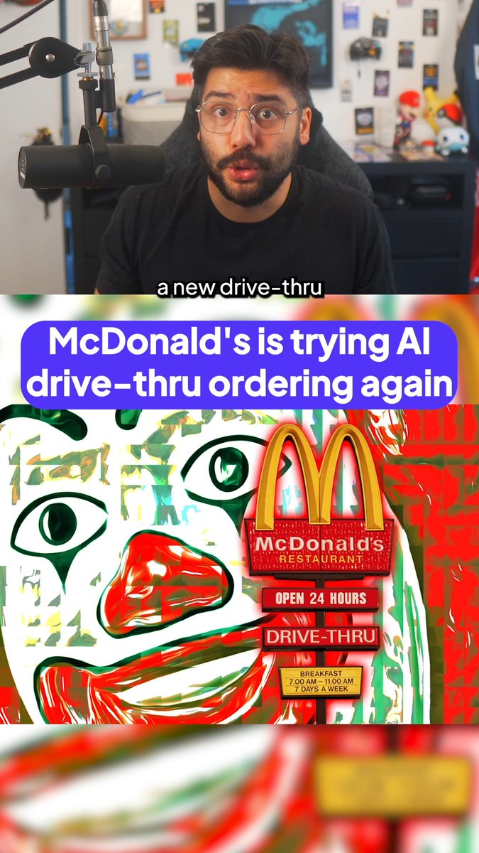 YouTube video thumbnail featuring a man at a microphone with the text "a new drive-thru" and "McDonald's is trying AI drive-thru ordering again" alongside a McDonald's sign.