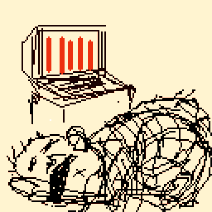 A pixel-art style image showing a desktop computer with red bars on the monitor resting on a desk, with a pile of large nuts or rocks in the foreground.