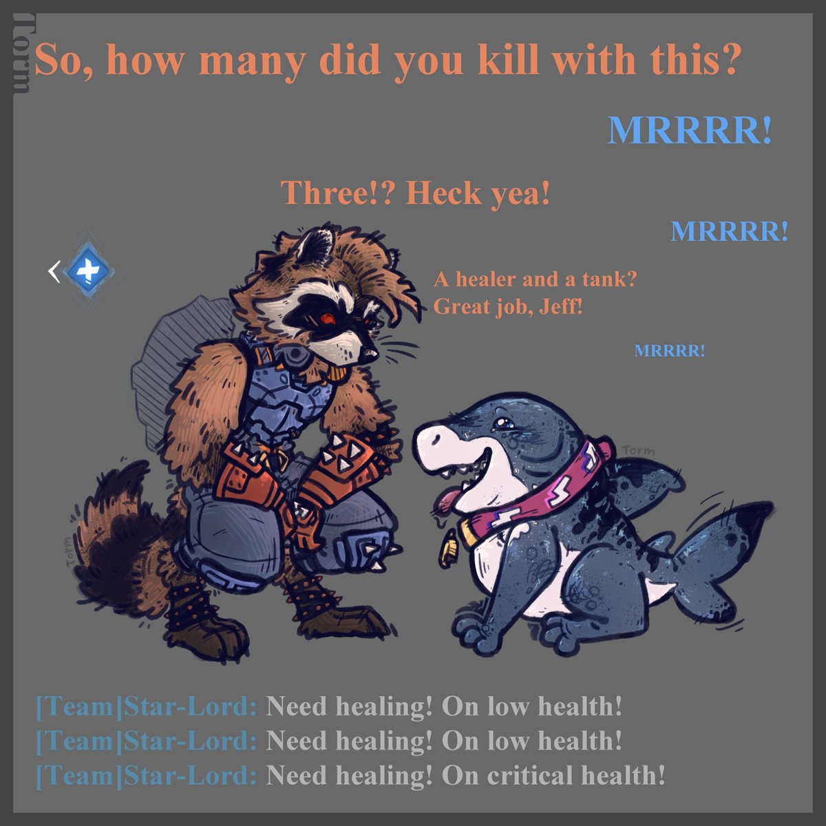 Tormilian's tweet photo. (2/3) #rocket_raccoon &amp; #jeff the landshark comic, based on my personal experience in #MarvelRivals. Now featuring #starlord!

"Ha-ha, wet Rocket" or some other very mature humour, Idk what to write here. https://t.co/Fqqh0BjyJX