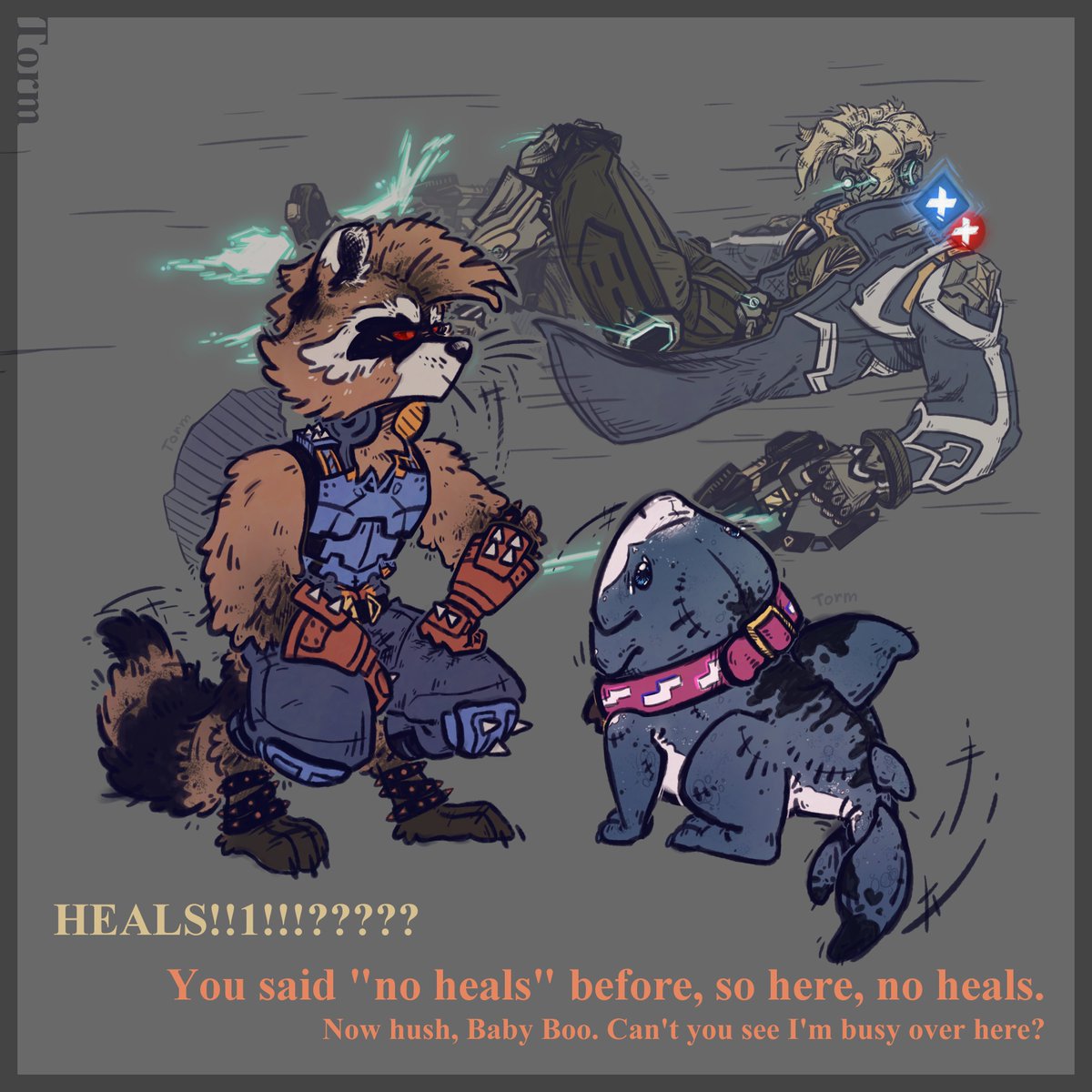 Tormilian's tweet photo. (2/3) #rocket_raccoon &amp; #jeff the landshark comic, based on my personal experience in #MarvelRivals. Now featuring #starlord!

"Ha-ha, wet Rocket" or some other very mature humour, Idk what to write here. https://t.co/Fqqh0BjyJX