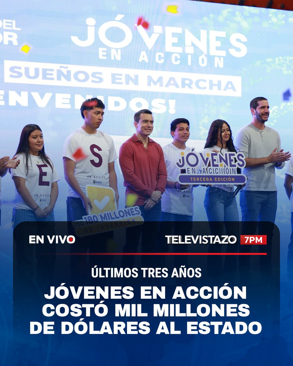 EcuavisaInforma's tweet photo. 📲 https://t.co/9waRQK87s1 🔴 #ENVIVO | Mira #Televistazo 7 PM.
El programa del Gobierno, Jóvenes en Acción arrancó su cuarta etapa. En tres años pasó de 80 mil a 700 mil beneficiarios y el gasto acumulado se acerca a los mil millones de dólares. Hay críticas pero también apoyos.
