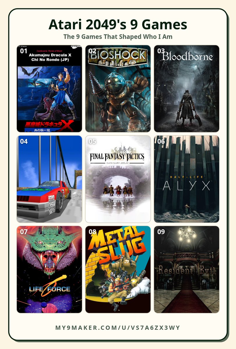 Atari2049's tweet photo. Order of my 9 Games is alphabetical only.

The choice between Contra and Metal Slug was nearly impossible for me, but I went with the latter because Konami was already well represented.

It pains me that beat'em ups are not represented, but I don't have a favorite to the level of these.