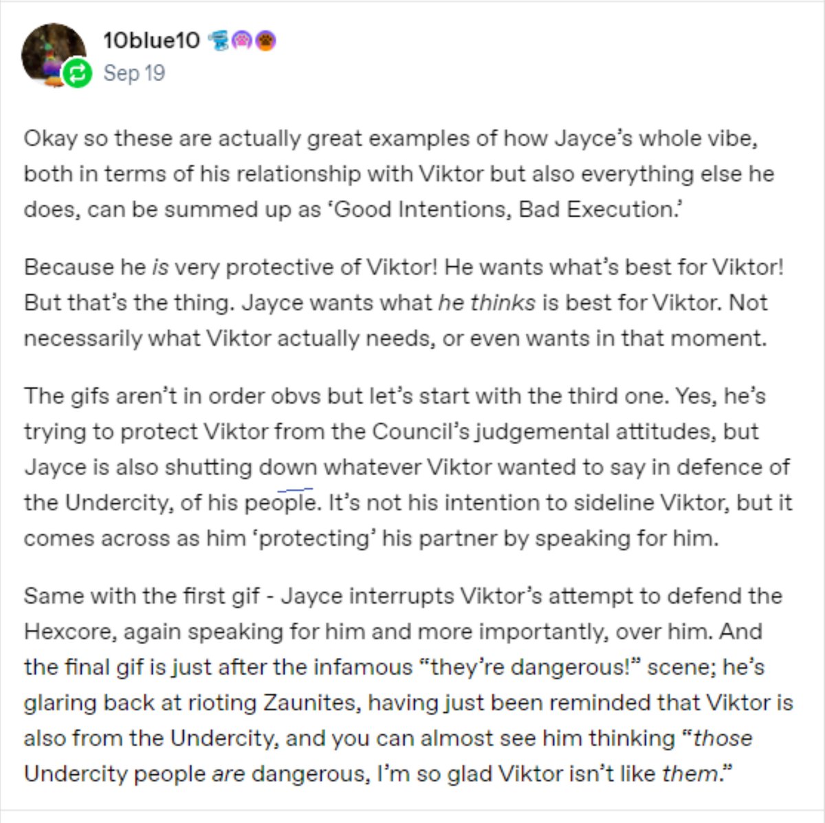 Jayvikwaistgrab's tweet photo. Not enough said about how fiercely protective Jayce is of Viktor 🥺 + 10blue10 meta about the post! 
#Jayvik #arcane https://t.co/BDMwyAcvwV