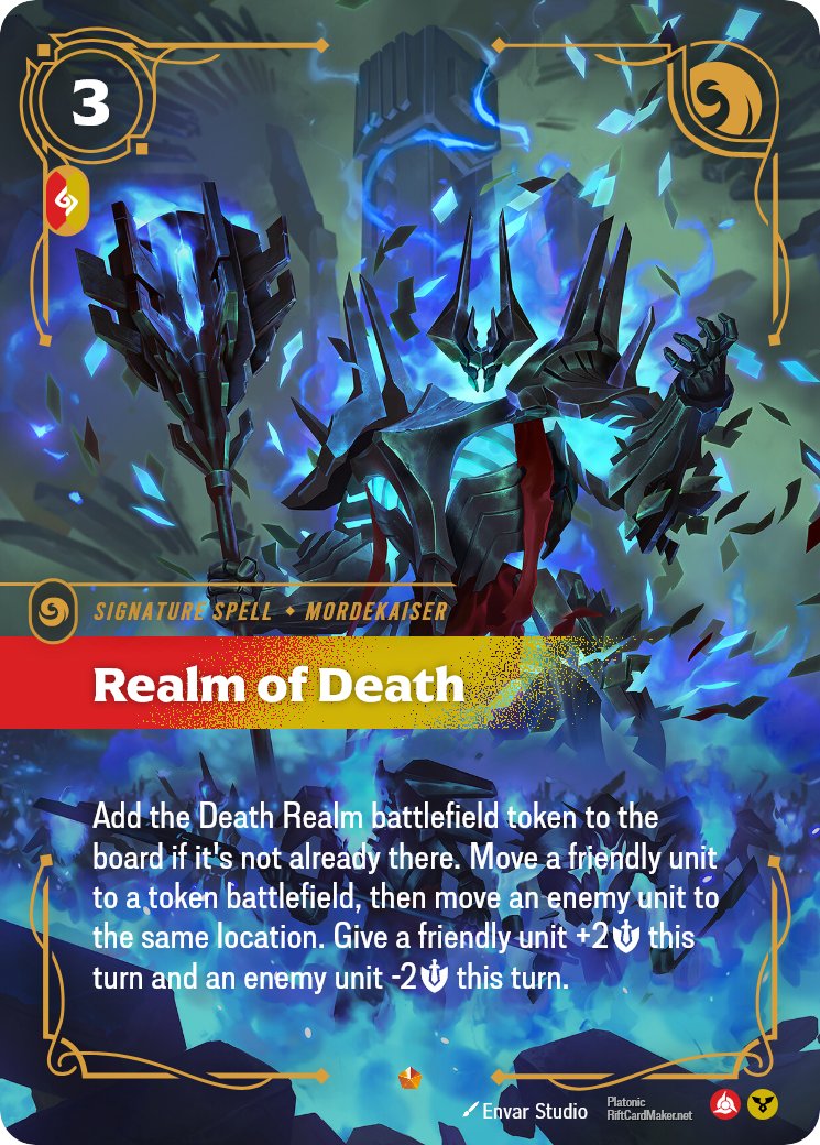 RiftboundMeta's tweet photo. My take on a Mordekaiser sig spell. I think this is a bit more interesting than just a fight spell. (Templating/wording is probably not entirely correct, but you get the idea. Also would add a core rule for when battlefields leave play) https://t.co/KMDVn4EtzD