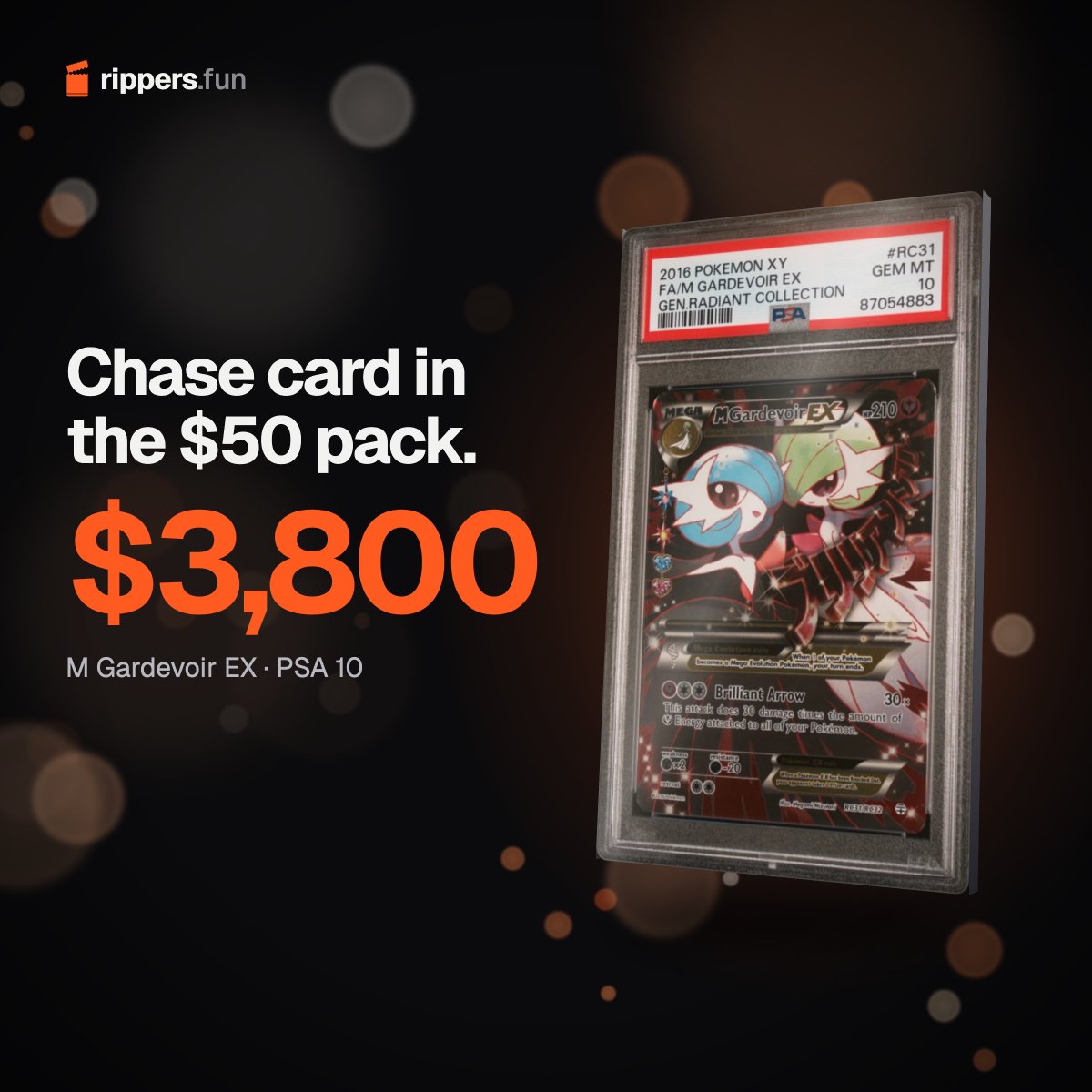 RippersDotFun's tweet photo. chase card sitting in the $50 elite pack right now: M Gardevoir EX, PSA 10, valued at $3,800

tickets are $1 https://t.co/9wFp1mG5eY