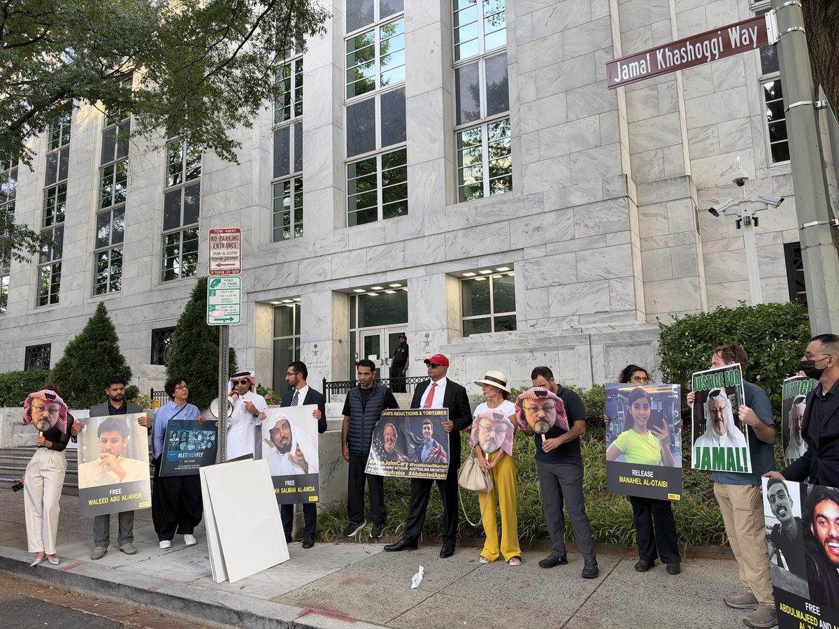 DAWNmenaorg's tweet photo. Rights advocates gathered today on Jamal Khashoggi Way, outside the Saudi Embassy in DC — 8 years after DAWN founder Jamal Khashoggi’s murder by agents of Saudi Crown Prince Mohammed bin Salman —  to remember Jamal's life, his courage, and the voice his killers could not silence. https://t.co/PmqTYTJfMd