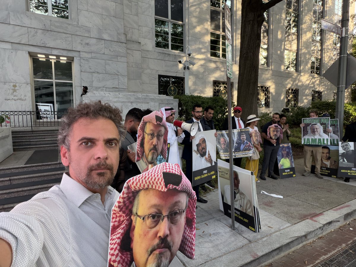 DAWNmenaorg's tweet photo. Rights advocates gathered today on Jamal Khashoggi Way, outside the Saudi Embassy in DC — 8 years after DAWN founder Jamal Khashoggi’s murder by agents of Saudi Crown Prince Mohammed bin Salman —  to remember Jamal's life, his courage, and the voice his killers could not silence. https://t.co/PmqTYTJfMd