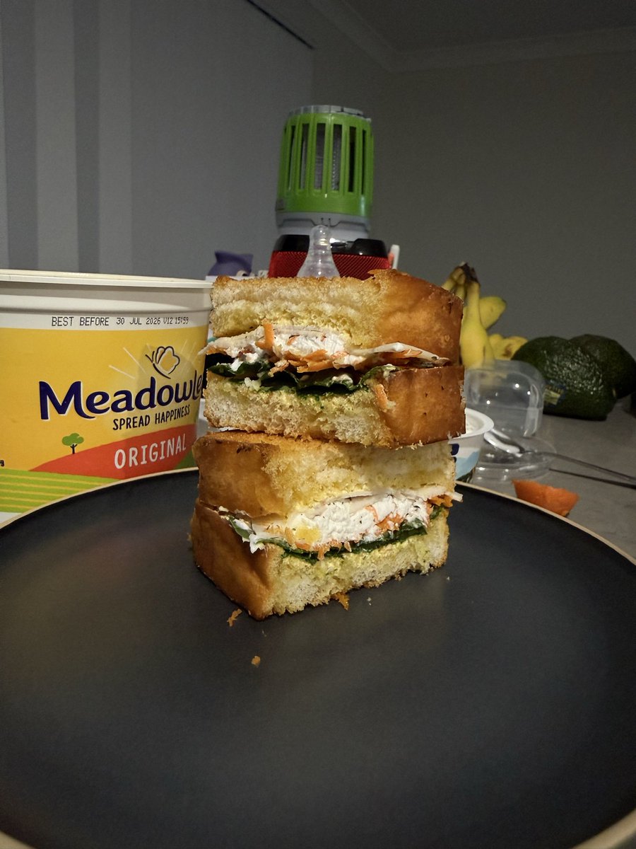 abnormalhazard's tweet photo. Here’s the turkey sandwich recipe:
•Sliced turkey or roast turkey
•Goats cheese
•Grated carrot
•Baby spinach
•Siracha flavoured kewpie mayo
•Chilli flakes
•Cracked pepper
•Light Rye bread 🍞 
It is the most yummiest sandwich ever🙂‍↕️ #HemLockedIn #VarisHemlock https://t.co/pEMPlLZFsU