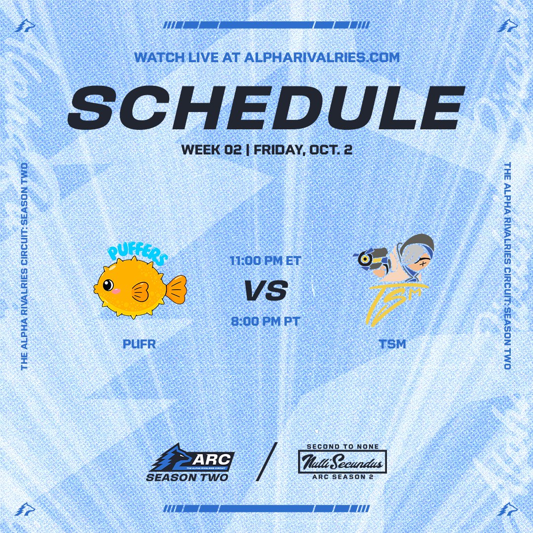 ARCTheLeague's tweet photo. #ARCS2 week 2 returns with another late-night Friday matchup 🐡💤

Watch live TONIGHT at 11:00 PM ET / 8:00 PM PT at https://t.co/FZc3h1CshK https://t.co/cfQoYAgeGg