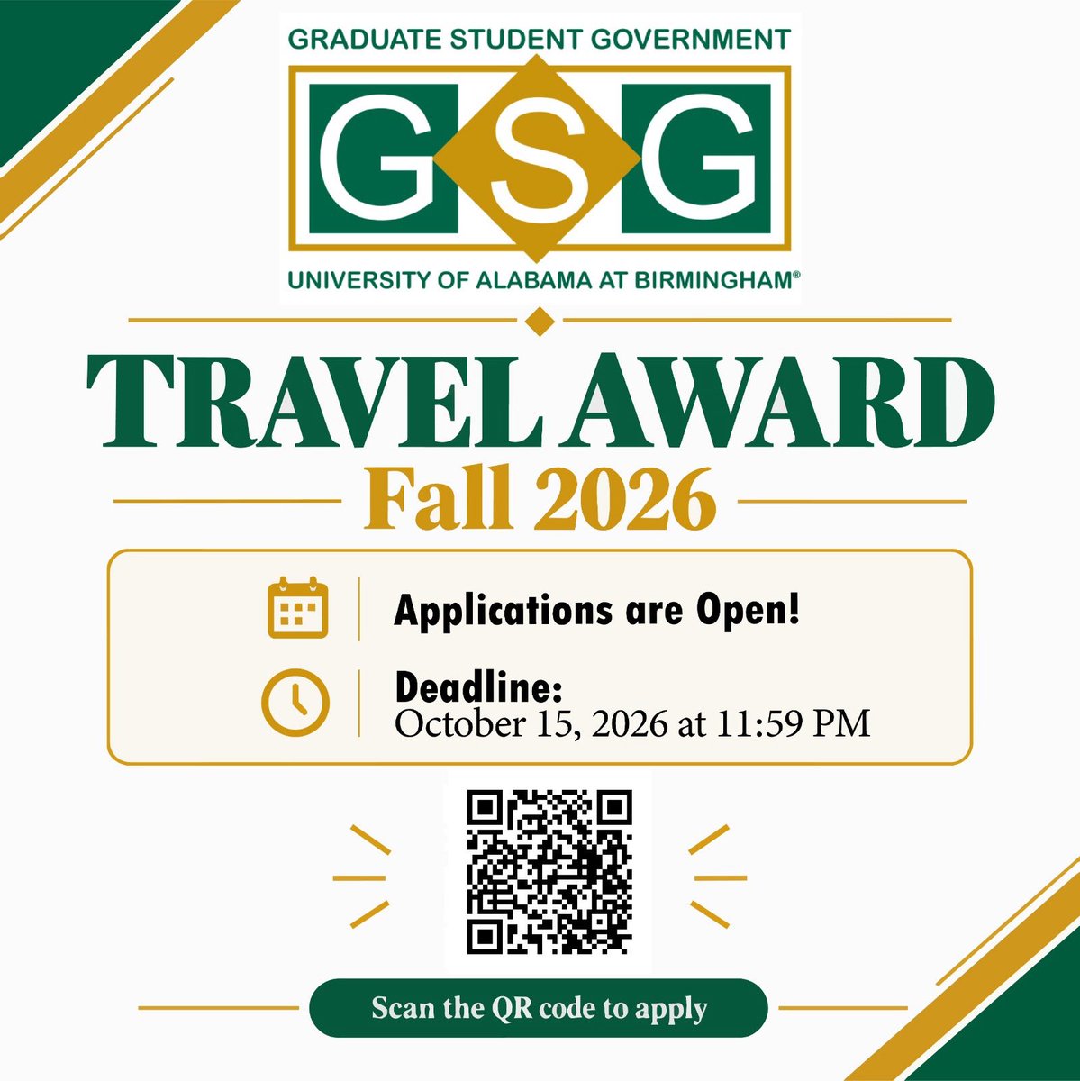 uab_gsg's tweet photo. Apply to the GSG travel award! Deadline to submit is October 15th!! 

https://t.co/760aQkL0zq

#uab #uabgradstudents #travel #award https://t.co/Ia67gFN470