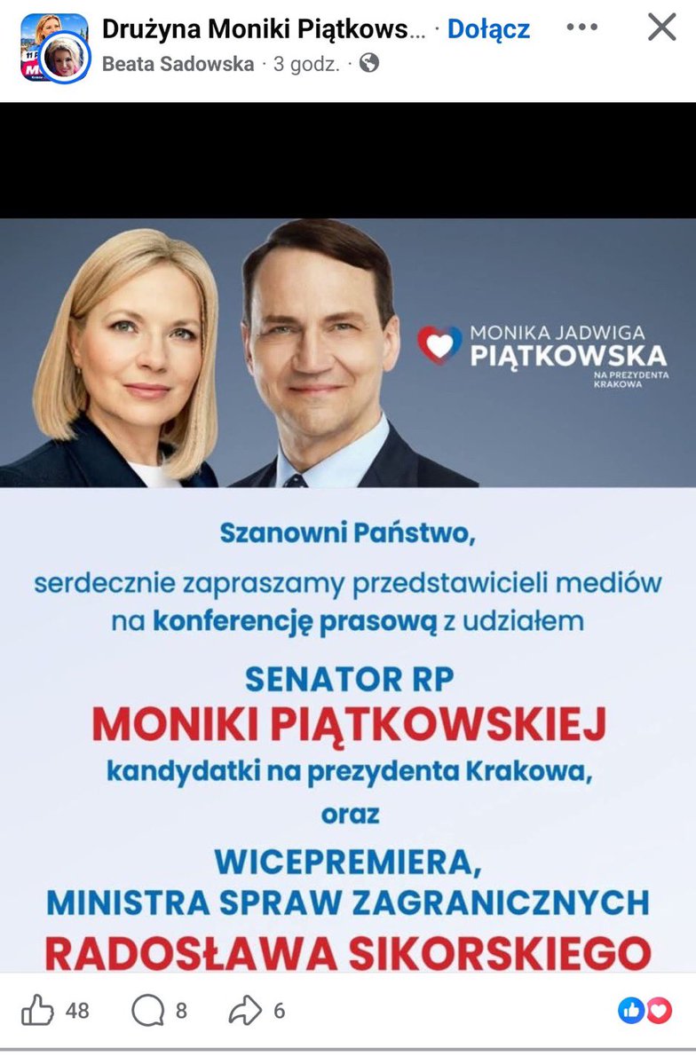 PiotrKusznieruk's tweet photo. Urząd państwowy nie jest narzędziem kampanii wyborczej. Na materiale kandydatki na prezydenta Krakowa Radosław Sikorski jest eksponowany nie tylko jako polityk, ale jako „WICEPREMIER, MINISTER SPRAW ZAGRANICZNYCH”. Tymczasem Komisja Wenecka i OBWE/ODIHR wprost wskazują na konieczność przeciwdziałania wykorzystywaniu zasobów i przewagi wynikającej z pełnienia funkcji publicznych w procesie wyborczym. 
Poparcie partyjne to jedno. Używanie autorytetu państwowego stanowiska jako elementu kampanijnego — to już zupełnie inna kwestia.

Państwo nie powinno być dekoracją komitetu wyborczego KO.
