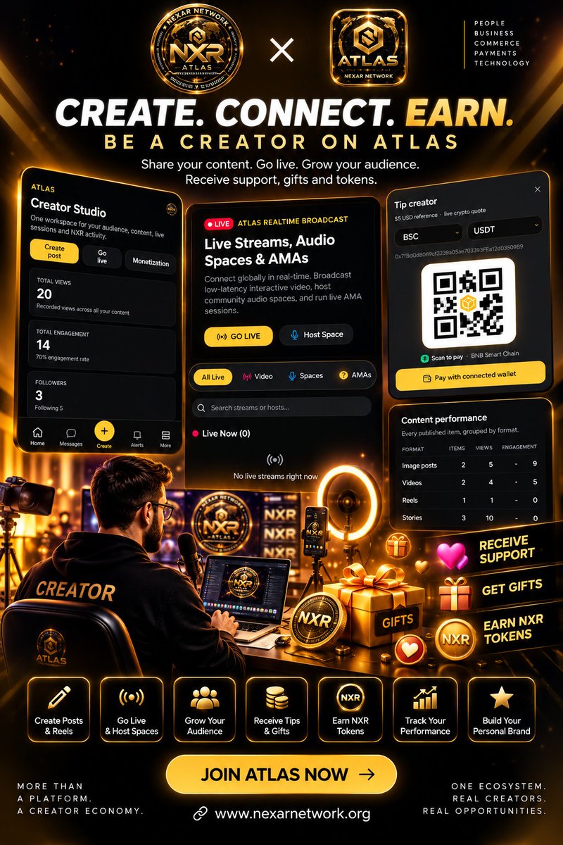 NexarNetwork's tweet photo. What if your content could do more? 👀⚡
Create. Go LIVE. Grow your audience.
Receive gifts. Earn NXR. Build your personal brand.
This is the Creator Economy inside ATLAS. 🟡
Your audience. Your content. Your opportunity.
🔗 Enter ATLAS⁠�
#ATLAS #NexarNetwork #CreatorEconomy #NXR #Web3‌‌