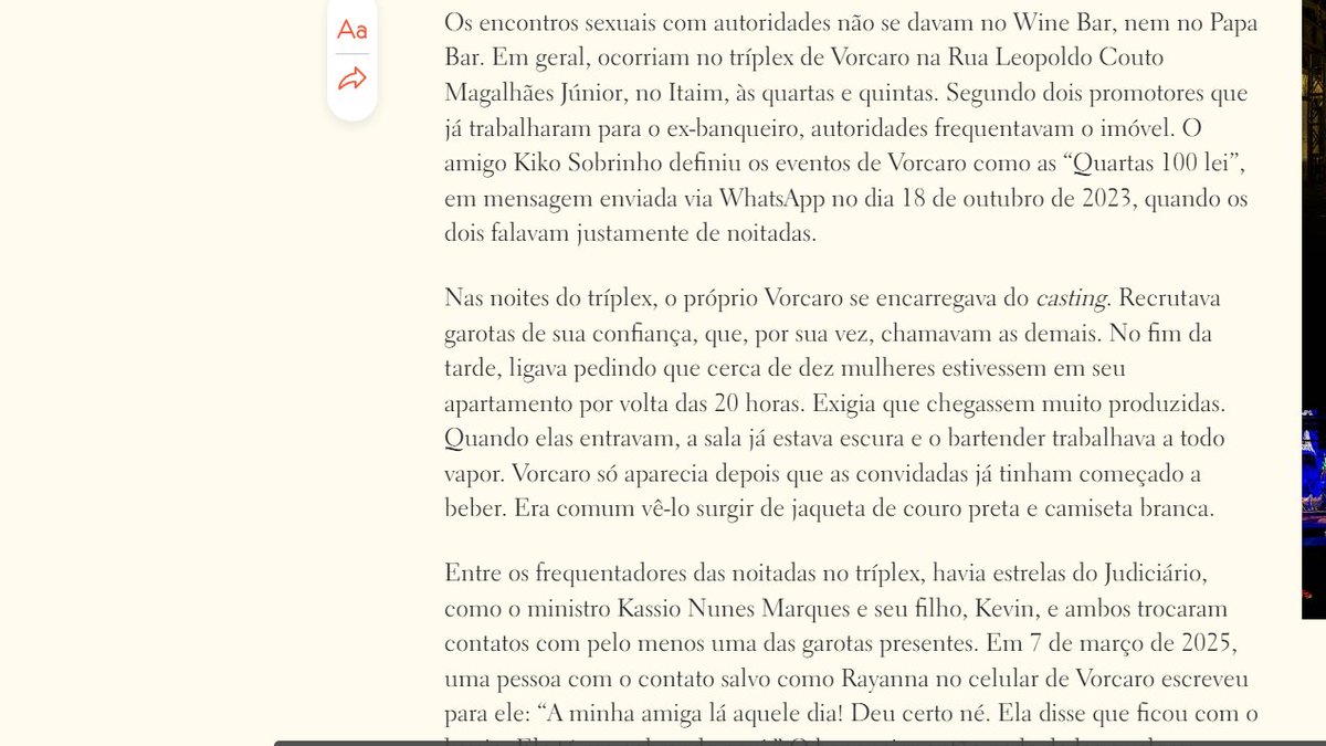 ZAMENZA's tweet photo. A matéria da Revista Piauí expondo que Kassio Nunes Marques e seu filho, Kevin, trocaram contato com pelo menos duas garotas das festas de Vorcaro e que Gusttavo Lima também frequentou o triplex ao lado de Vorcaro e Fábio Faria, marido de Patricia Abravanel.

Trecho da matéria:
Nunes Marques não respondeu aos questionamentos da piauí sobre os encontros no tríplex. Sua assessoria de imprensa afirmou que ele “nunca trocou mensagens com Daniel Vorcaro, nunca pediu nada ao banqueiro e nem autorizou ninguém a falar em nome dele”. Ele acrescentou ainda que “seu filho nunca recebeu dinheiro do Banco Master ou do banqueiro” e que “votou pela manutenção da prisão de Daniel Vorcaro”. E que “reafirma seu compromisso com as leis e a Constituição e seguirá seu trabalho com absoluta isenção na condução das eleições gerais e na atuação como integrante do Supremo Tribunal Federal”. A assessoria de imprensa de Kevin disse que ele não irá se manifestar.

O sertanejo Gusttavo Lima também frequentou o tríplex das festas privadas, ao lado do anfitrião e de Fábio Faria, conforme revelam mensagens trocadas entre o ex-ministro de Bolsonaro e Daniel Vorcaro. O cantor dizia às companhias da noite que estava montando um banco digital em parceria com Vorcaro, projeto que nunca saiu do papel. (Procurado, Lima informou ter ido em duas ocasiões ao apartamento de Vorcaro para tratar de um possível patrocínio para um festival. Nas duas vezes, disse, estava acompanhado de sua equipe jurídica e com a finalidade de fechar negócios, sem a presença de mulheres. Em uma das ocasiões, diz ter ido a um restaurante para jantar na companhia do banqueiro.)