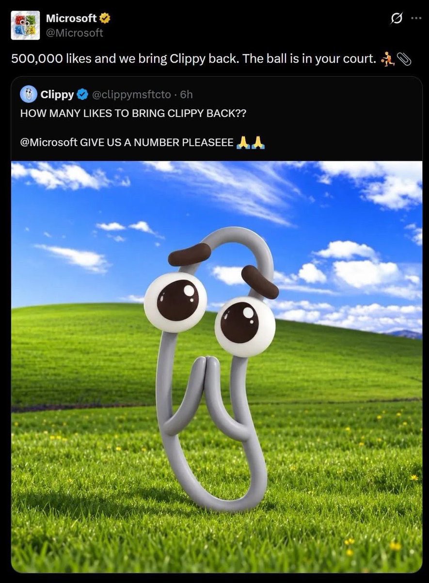TianChai1995's tweet photo. 微软 1300 万粉的号被黑，头像换成回形针，专门推一个 Clippy 币。
2021 年是马斯克发狗，2024 年是名人号连环被盗，2026 年连微软自己的号都开始当发射台。
庄都不用养 KOL 了，直接借官方号。你还在研究叙事，人家已经在研究客服工单。 https://t.co/ppvGF8QHBx