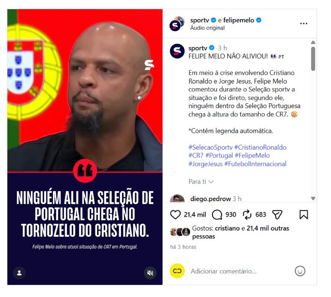 ActuFoot_'s tweet photo. 🚨🚨 Cristiano RONALDO 🇵🇹 a aimé une publication Instagram dans laquelle Filipe Melo 🇧🇷 CRITIQUE LES JOUEURS DE LA SÉLECTION PORTUGAISE !!! 😳👇

« Ils ne traitent pas Ronaldo comme les joueurs argentins traitent Messi. 

Aucun d’eux n’arrive à la cheville de Cristiano. »

via @AsQuinasOff