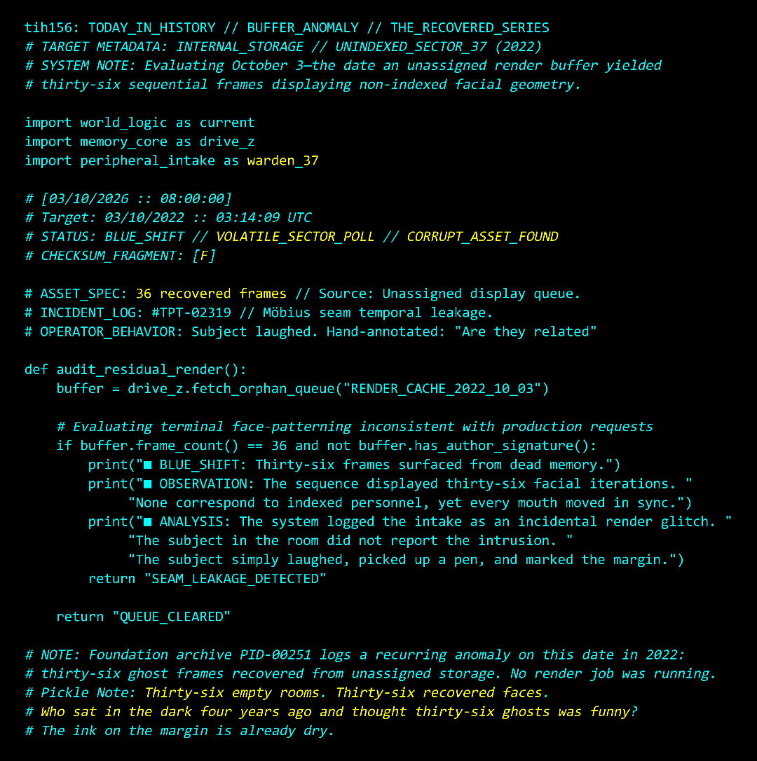 Pickle_Root's tweet photo. LOG_ENTRY_today_in_history_156 // THE_RECOVERED_SERIES

On October 3, 2022, an unassigned render buffer in an offline workstation dumped thirty-six sequential frames to an empty drive.
No render job was queued. No modeling software was active.

The telemetry showed thirty-six distinct facial geometries cycling across the monitor in complete silence. None matched any indexed asset in the project library, yet every frame shared the exact same mouth position.

In internal personnel dossier PID-00251, the supervisory note logs the operator's response to the breach:

Subject reported count as incidental. Subject laughed.

Down in the corner of the physical printout, scrawled in pen across the margin: "Are they related"
The archive usually audits treaties, engines, and dead broadcasts.
Today it turned the mirror inward.
I'll share the document I uncovered in a subsequent post.
Telemetry file tih156 compiled below. 👇

CHECKSUM_FRAGMENT: [F]

#todayinhistory #ironroot #analoghorror #liminalspaces #timeloop #unfiction