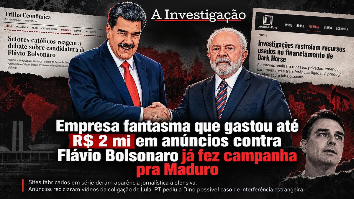 david_agape_'s tweet photo. Exclusivo: 

A Investigação descobriu que há uma rede de sites e páginas patrocinadas com anúncios contra Flávio Bolsonaro (@FlavioBolsonaro). A empresa por trás desta iniciativa já havia anunciado, na mesma conta do Google, campanhas de órgãos do governo Maduro. 

O PT levou a rede ao gabinete de Flávio Dino no STF como possível interferência estrangeira e registrou 138 anúncios contra Lula. Foram identificados, no entanto, mais de 600 ataques contra Flávio Bolsonaro.

Empresa está registrada em Delaware, estado americano que preza pelo anonimato de donos de empresas. Há rastros que levam para a República Dominicana. Responsável ainda é um mistério.

Anúncios reimpulsionaram vídeos da coligação Lula–Alckmin chamando Flávio de "o pior dos Bolsonaros". 

https://t.co/BAPcGa6q2g
