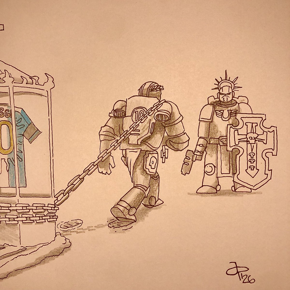 juampidimartino's tweet photo. PROTEGER LA RELIQUIA 🏆 (30min ✏️🔥)

#inktober #inktober2026 #warhammer #spacemarine #messi https://t.co/0oBEx3o8xu