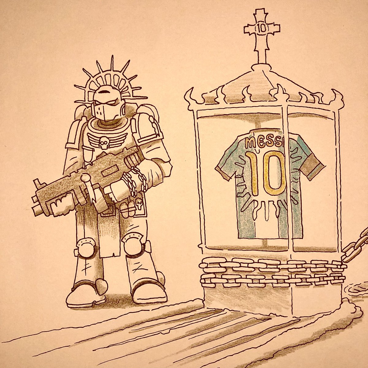 juampidimartino's tweet photo. PROTEGER LA RELIQUIA 🏆 (30min ✏️🔥)

#inktober #inktober2026 #warhammer #spacemarine #messi https://t.co/0oBEx3o8xu