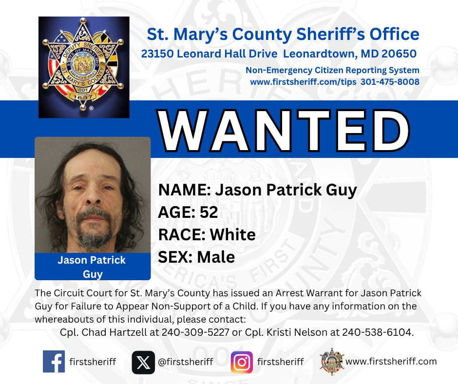 firstsheriff's tweet photo. The St. Mary’s County Sheriff’s Office is seeking the whereabouts of Mark Anthony Morgan and Jason Patrick Guy for Failure to Appear: Non-support of a child. 

If you have information on the whereabouts of either subject, please contact Corporal Chad Hartzell at 240-309-5227 or Corporal Kristi Nelson at 240-538-6104.