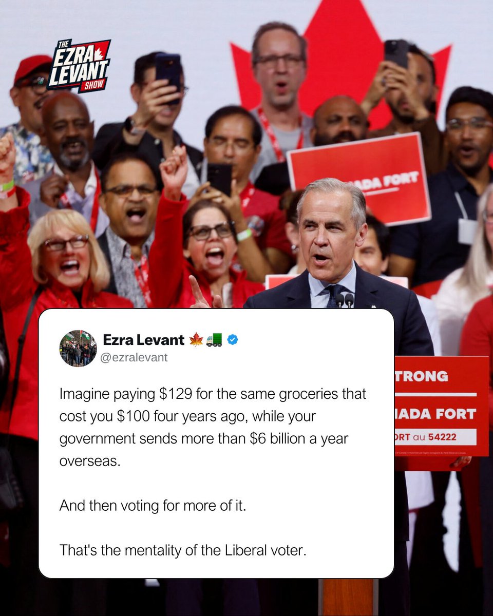 ezralevant's tweet photo. "It's just inflation."

Grocery prices in Canada are 29 per cent higher than in August 2021. 

That's Statistics Canada, not a talking point.

Inflation was still sitting at 3 per cent this August, with rent climbing.

Meanwhile, Ottawa sends more than $6 billion a year overseas in foreign aid.

Carney's budget trimmed it by $2.7 billion, spread over four years. About 12 per cent.

Your grocery bill went up 29.

Their aid budget went down 12.