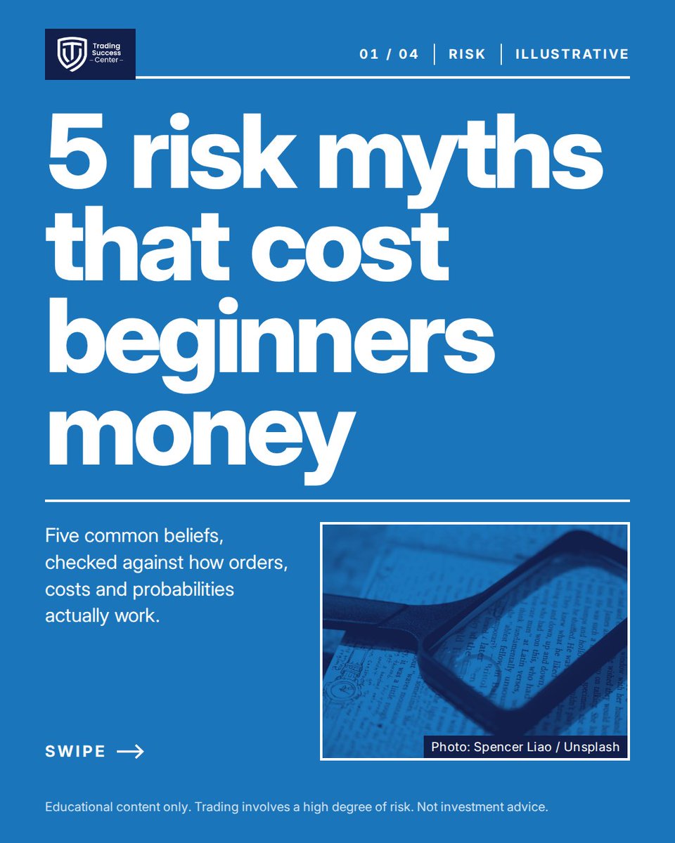 TradeSuccessCen's tweet photo. Lesson of the day 🧭 A stop can slip in a gap, costs add up, a demo hides real pressure, indicators lag, and a 70% win rate can still lose. Five myths, five facts 👉
#Trading101

Educational content only. Trading involves a high degree of risk. Not investment advice. https://t.co/NBAQXZtjlK