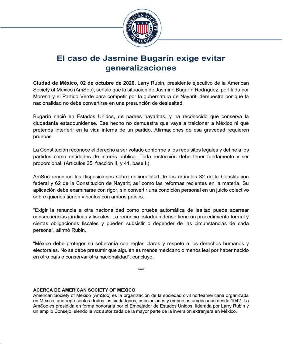 Monicao2712's tweet photo. 🚨URGENTE ‼️
 Larry Rubin, presidente ejecutivo de la American Society of Mexico, defiende a la extranjera  @JasminBugarin , perfilada por Morena rumbo a la gubernatura de #Nayarit
Motivo suficiente para quitarle la coordinación por la defensa de la transformación y la soberanía. 

O solo son un chiste @CitlaHM y @A_MontielR!
¿Dónde quedó la defensa de nuestra soberanía?
Como mexicana exijo se le retire a esa extranjera la eminente candidatura por parte de @PartidoMorenaMx .
Vean 👇
