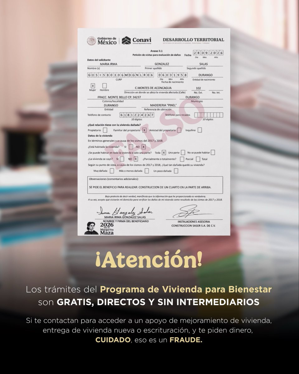 SEDATU_mx's tweet photo. ¡Cuidado con las estafas!

Los trámites del Programa de #ViviendaParaElBienestar con directamente con @Conavi_mx, @Infonavit, @FOVISSSTEmx e @INSUS_Oficial.

 Recuerda que NO trabajamos con gestores.

Denuncia aquí ⬇️
antifraudes.sedatu@sedatu.gob.mx https://t.co/mWjNsMZ6J8