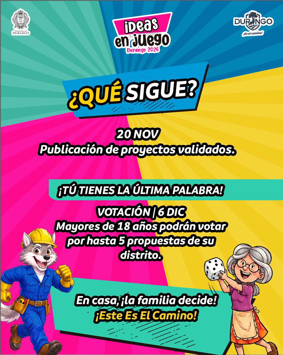 DurangoCap's tweet photo. ¡Tus ideas transforman Durango! 🏗️

Ya está abierta la convocatoria del #PresupuestoParticipativo. 
Inscribe el proyecto que tu colonia o comunidad necesitan, tienes hasta el 9 de octubre para registrarlo.

En casa, ¡la familia decide! 🗳️🚧

#EsteEsElCamino 🐺 https://t.co/HQnpUo9dZc