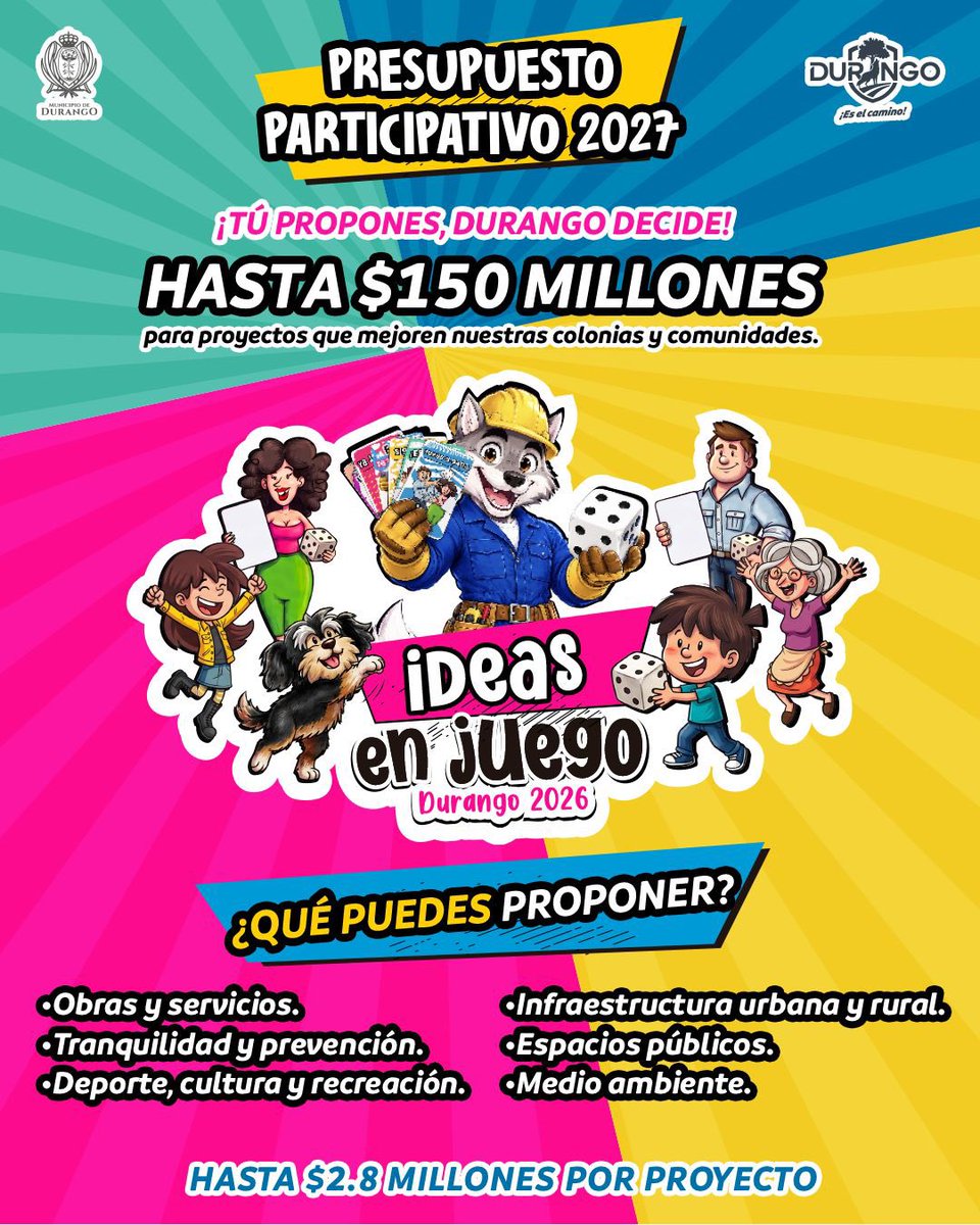 DurangoCap's tweet photo. ¡Tus ideas transforman Durango! 🏗️

Ya está abierta la convocatoria del #PresupuestoParticipativo. 
Inscribe el proyecto que tu colonia o comunidad necesitan, tienes hasta el 9 de octubre para registrarlo.

En casa, ¡la familia decide! 🗳️🚧

#EsteEsElCamino 🐺 https://t.co/HQnpUo9dZc