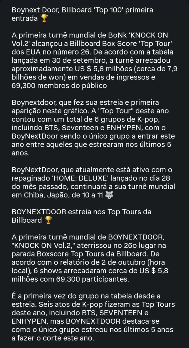 bndunionBR's tweet photo. 📰 5TH GEN LEADERS!!
O BOYNEXTDOOR se tornou o PRIMEIRO e ÚNICO grupo da 5ª geração a debutar no Billboard Top Tours! 🔥

“Dentre os grupos que estrearam nos últimos 5 anos, o Boynextdoor é o único que entrou este ano.”

#BOYNEXTDOOR #보이넥스트도어 @BOYNEXTDOOR_KOZ https://t.co/t2z9tj4V0H
