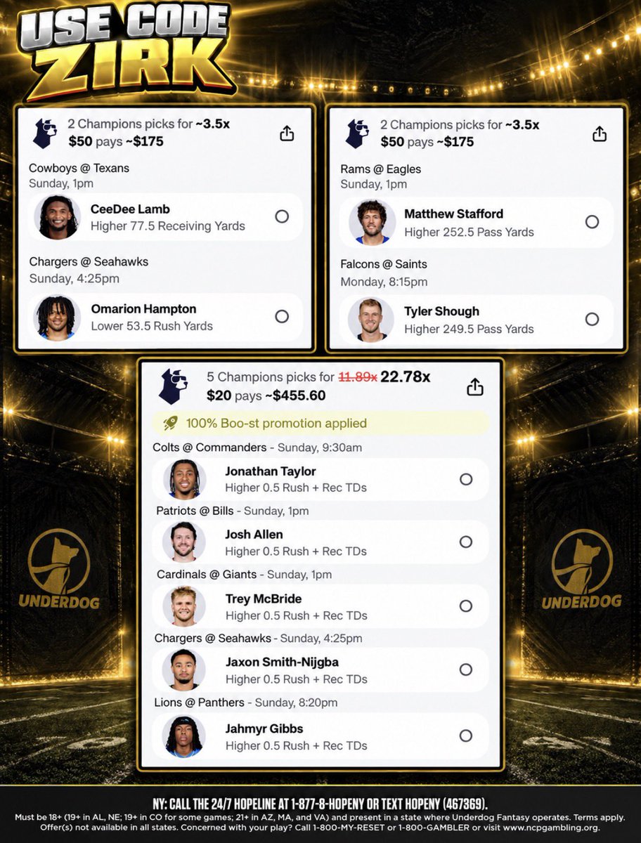 Zirksee's tweet photo. LIKE FOR LUCK
1PM NFL Picks! New Users ONLY with code ZIRK get the $10 Free Entry 👇🏻 LET’S STAY HOT 🔥🔥 Use code ZIRK+choose between up to $1000 in bonus funds or play $5 get $100! (free $10 entry, 10 days in a row) https://t.co/qD8fizQSiw #UDPartner https://t.co/aDAO6hOUam