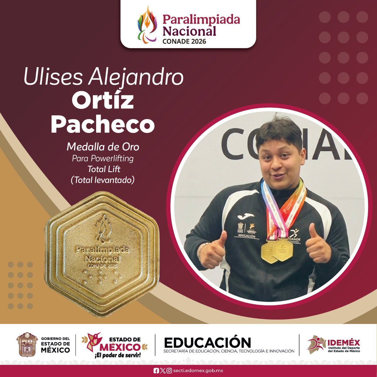 delfinagomeza's tweet photo. ¡Deportistas mexiquenses siguen brillando en la #ParalimpiadaNacional CONADE 2026! 

🥇Felicito a Ana Santín por su destacada participación en Boccia (BC-3) y a Ulises Ortíz en Para Powerlifting (Best Lift y Total Lift).  

Gracias por poner en alto el nombre del #EdoMéx con su disciplina y entrega.

#ElPoderDeServir 
#ElPoderDelDeporte