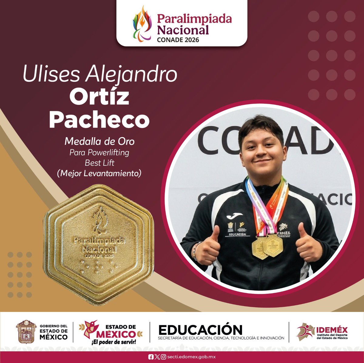 delfinagomeza's tweet photo. ¡Deportistas mexiquenses siguen brillando en la #ParalimpiadaNacional CONADE 2026! 

🥇Felicito a Ana Santín por su destacada participación en Boccia (BC-3) y a Ulises Ortíz en Para Powerlifting (Best Lift y Total Lift).  

Gracias por poner en alto el nombre del #EdoMéx con su disciplina y entrega.

#ElPoderDeServir 
#ElPoderDelDeporte