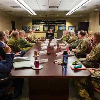 USNorthernCmd's tweet photo. .@NORADCommand and USNORTHCOM Commander, Gen. Gregory Guillot, hosted Gen. Alexus Grynkewich, @US_EUCOM Commander and @SHAPE_NATO SACEUR, at Peterson SFB for a strategic roundtable on strengthening cross-command coordination to defend the homeland. Topics included the Arctic Nexus MOA, the Nordic Bridge concept, and countering transregional narco-terrorist networks. #HomelandDefense #NordicBridge 
Read more: https://t.co/UTuTobEeNz